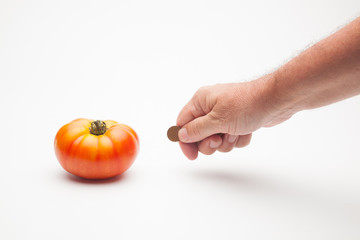 Tomates, fruta y dinero al lado, el precio de los productos, la venta de los productos, lo que...