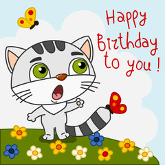 Happy birthday card - funny kitten cat singing a congratulatory song