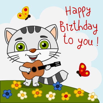Greeting card - funny kitten cat plays guitar song happy birthday to you