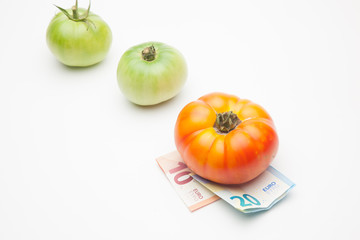 Tomates, fruta y dinero al lado, el precio de los productos, la venta de los productos, lo que cuesta la agricultura. El precio de la cosecha. Lo que nos cuestan las cosas