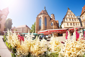 Farmer's market with flowers on Schillerplatz, Germany