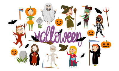 Set of funny girls in scary costumes for celebrating Halloween. Cute mummy, death, zombies, vampire, superhero, witch, ghost, devil, skeleton and pumpkin. Trick or treat. Vector illustration of kids