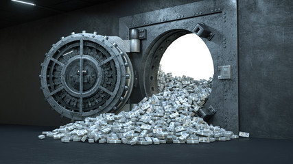 3d render Opening Of The Vault Door In Bank with a lot of money