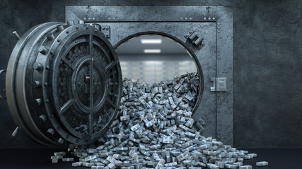 3d render Opening Of The Vault Door In Bank with a lot of money - obrazy, fototapety, plakaty