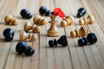 Chess pieces pawns lie bowing before the figure of the Queen with the red geranium flower. Abstract concept of social status, leadership and subordination.