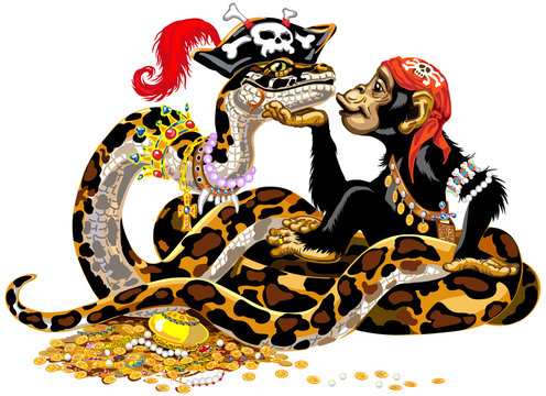 Cartoon chimpanzee and big snake pirates near the treasure. Great ape or chimp monkey and Python Boa Constrictor wearing golden crown and pearl necklace laying on pile of gold coins and jewelry