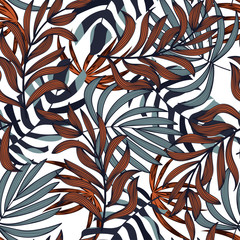 Summer abstract seamless pattern with colorful tropical leaves and plants on white background. Vector design. Jungle print. Floral background. Printing and textiles. Exotic tropics. Fresh design.