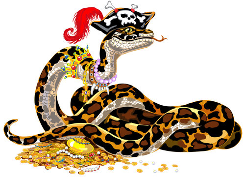 Cartoon ball Python pirate guarding the treasure. Big snake Boa Constrictor wearing a hat, golden crown and pearl necklace on his neck and laying on pile of gold coins and jewelry. Isolated vector 