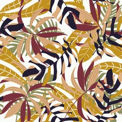 Bright abstract seamless pattern with colorful tropical leaves and plants on white background. Vector design. Jungle print. Floral background. Printing and textiles. Exotic tropics. Fresh design.
