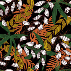 Abstract seamless pattern with colorful tropical leaves and plants on dark background. Vector design. Jungle print. Floral background. Printing and textiles. Exotic tropics. Fresh design.