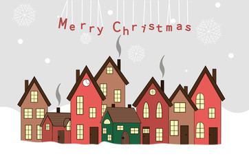 Christmas card with houses, smoking chimney and falling snowflakes with an inscription.