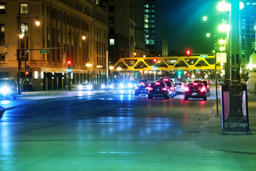 Fototapeta na wymiar Highway with heavy traffic at night, Chicago, USA