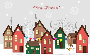 Fototapeta na wymiar Christmas card with houses and trees. Cozy, fabulous, colorful houses with smoking chimneys, in a snow-covered town among falling snowflakes and a snowman with an inscription. Invitation. Background.