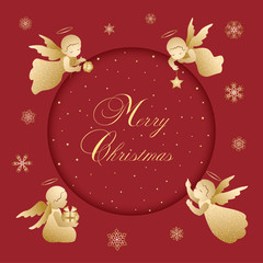 Red and gold Merry Christmas vintage card with angels