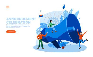 announcement with loudspeaker and happy team