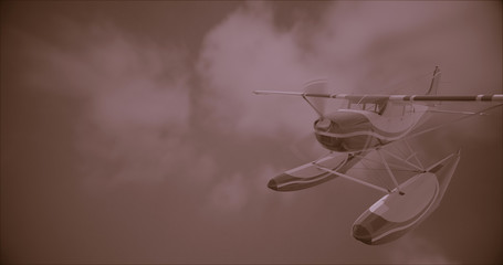 Retro seaplane illustration. 3D render. Superimposed retro photo filter with noise