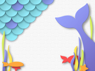 Birthday party design for little girls. Mermaid underwater composition in 3d paper cut style. Fish scales and mermaid tail elements. Place for text. Vector illustration. © VectorLM