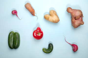 Ripe ugly vegetables laid out on light blue background. Zero waste concept. Vitamins against virus...