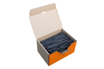 screws for wood in a box,Black screws in a box of cardboard isolated on a white background