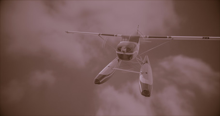 Retro seaplane illustration. 3D render. Superimposed retro photo filter with noise