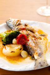 Panfried seabass with roasted vegetables