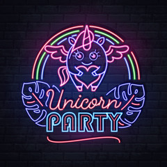 Neon sign unicorn party with unicorn and fluorescent tropic leaves. Vintage electric signboard.
