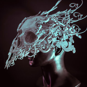 Cranium, white skull printed with 3d printer, it takes forms of decoration Baroque style and florituras in the form of flowers