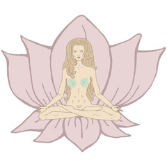 Hand drawn monochrome yoga girl in lotus pose on lotus flower blossoming and leaf vector illustration