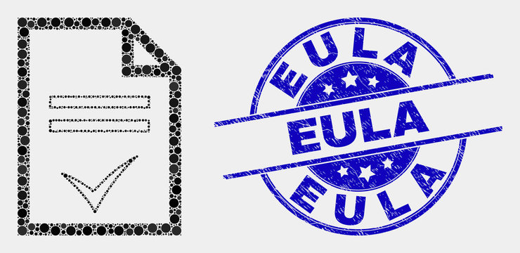 Pixelated agreement page mosaic icon and Eula seal. Blue vector round scratched seal stamp with Eula phrase. Vector collage in flat style. Black isolated agreement page mosaic of scattered spheres,