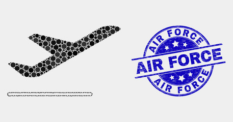 Pixelated airplane departure mosaic icon and Air Force seal. Blue vector rounded scratched seal stamp with Air Force phrase. Vector composition in flat style.