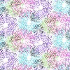 Seamless pattern indian Holi or islamic design. Floral print with mandalas. Watercolor effect. Suitable for bed linen, leggings, shorts and fashion industry.