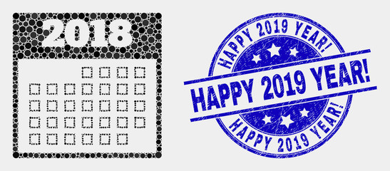 Pixel 2018 calendar page mosaic pictogram and Happy 2019 Year! seal stamp. Blue vector round scratched stamp with Happy 2019 Year! text. Vector collage in flat style.