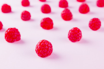 Pattern of raspberries on pink background. Colorful diet and healthy food concept. Background of raspberries. Top view. Flat lay. Copy space
