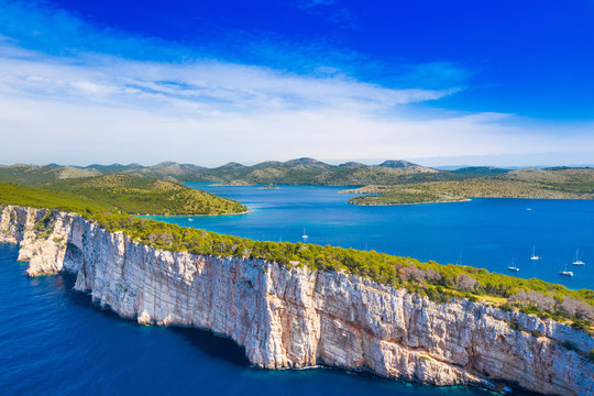 Spectacular cliffs above the sea on the shore of nature park Telascica, island of Dugi Otok, Croatia