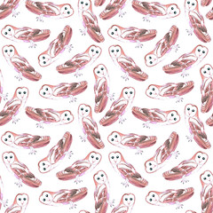 Barn owl or Tyto alba bird seamless watercolor birds painting background