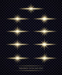 Light flare effects set isolated on transparent background. Sun flares, sparkles, shining stars and rays collection. Abstract luminous explosion concept. Vector illustration.