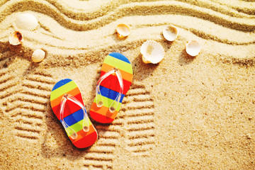 Fototapeta na wymiar Vacation background with bright flip flops on sand, top view
