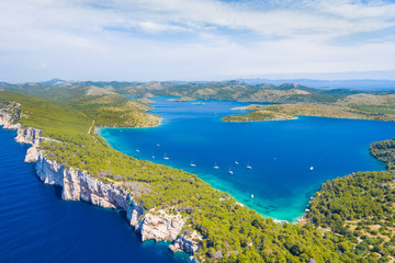 Spectacular cliffs above the sea on the shore of nature park Telascica, island of Dugi Otok, Croatia