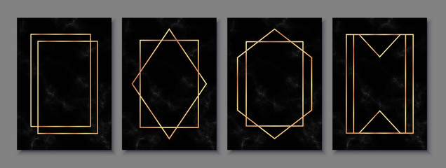 Luxury posters set with black marble texture and gold polygonal frames. Vintage templates in art deco style: cards, banners, brochures, flyers etc. Perfect for Black Friday Sale, wedding, party.