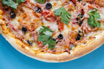pizza with ham and cheese on plate isolated on white