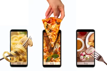 Crédence de cuisine en verre imprimé Manger Commande et livraison de nourriture depuis votre smartphone. Smartphone sur fond blanc