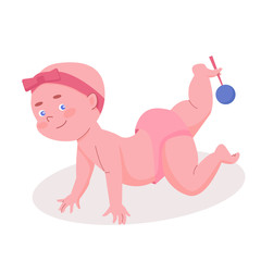 Cute funny baby girl in a diaper and pink bow with rattle in his leg. Isolated character in Flat style. Vector illustration