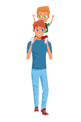 Family single father with children on shoulders