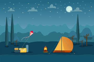 Summer camping tourism landscape background with suitcases, kite, camp tent and bonfire. Night time with moon, stars and clouds on sky. Vector illustration