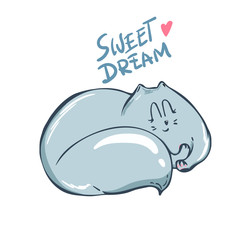 Doodle vector illustration of funny sleeping cat. sketch back white. Can be used for t-short print, poster or card.