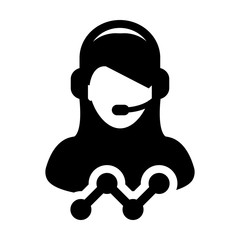Help icon vector female data support customer service person profile avatar with headphone and line graph for online assistant in glyph pictogram illustration