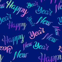 Seamless pattern Happy New Year colorful lettering on blue  background. Holiday  illustration. Design for invitation, wrapping paper, card, textile, backdrop