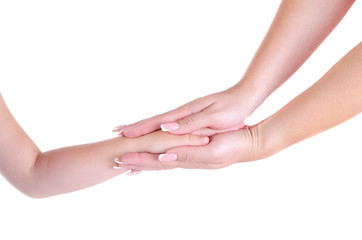 Hand of mother and little girl daughter holding each other on white background