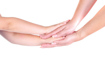 Hand of mother and little girl daughter holding each other on white background