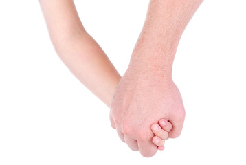 Dad holds hand of daughter on white background